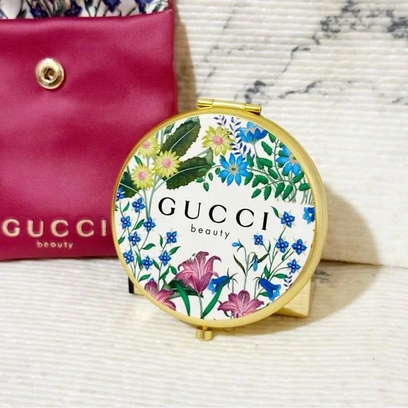 Gucci Beauty Flora Compact Mirror Antique Floral Design with Burgundy Snap Pouch - Picture 5 of 15